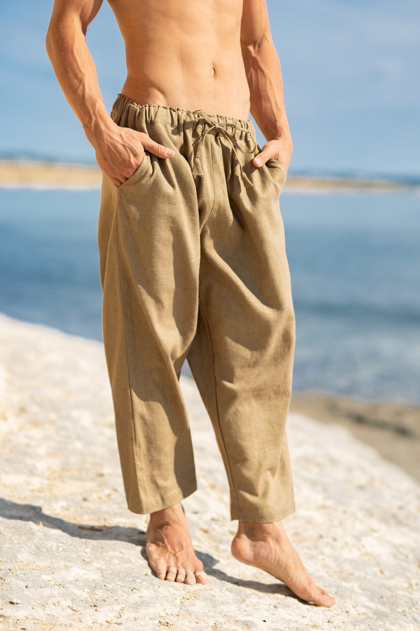 KOWA Organic Hemp Pants Beige Trousers with Two Pockets Yoga Sustainable Eco Friendly Festival Ceremony Boho Comfortable AJJAYA