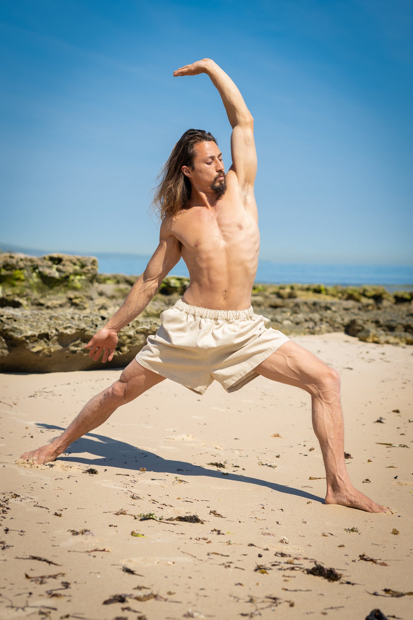 KOWI Organic Hemp Short Pants Beige Mens Yoga Shorts with Pockets Durable Sustainable Eco Friendly Comfortable Breathable Ethical AJJAYA