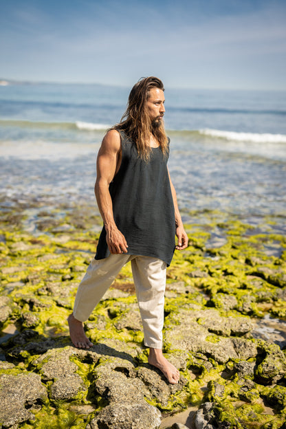 BALAKA Tank Top Black Tribal Sleeveless Shirt Ultra Thin Natural Cotton Breathable Loose Fit Festival Plant Based Dyed Muscle Shirt AJJAYA