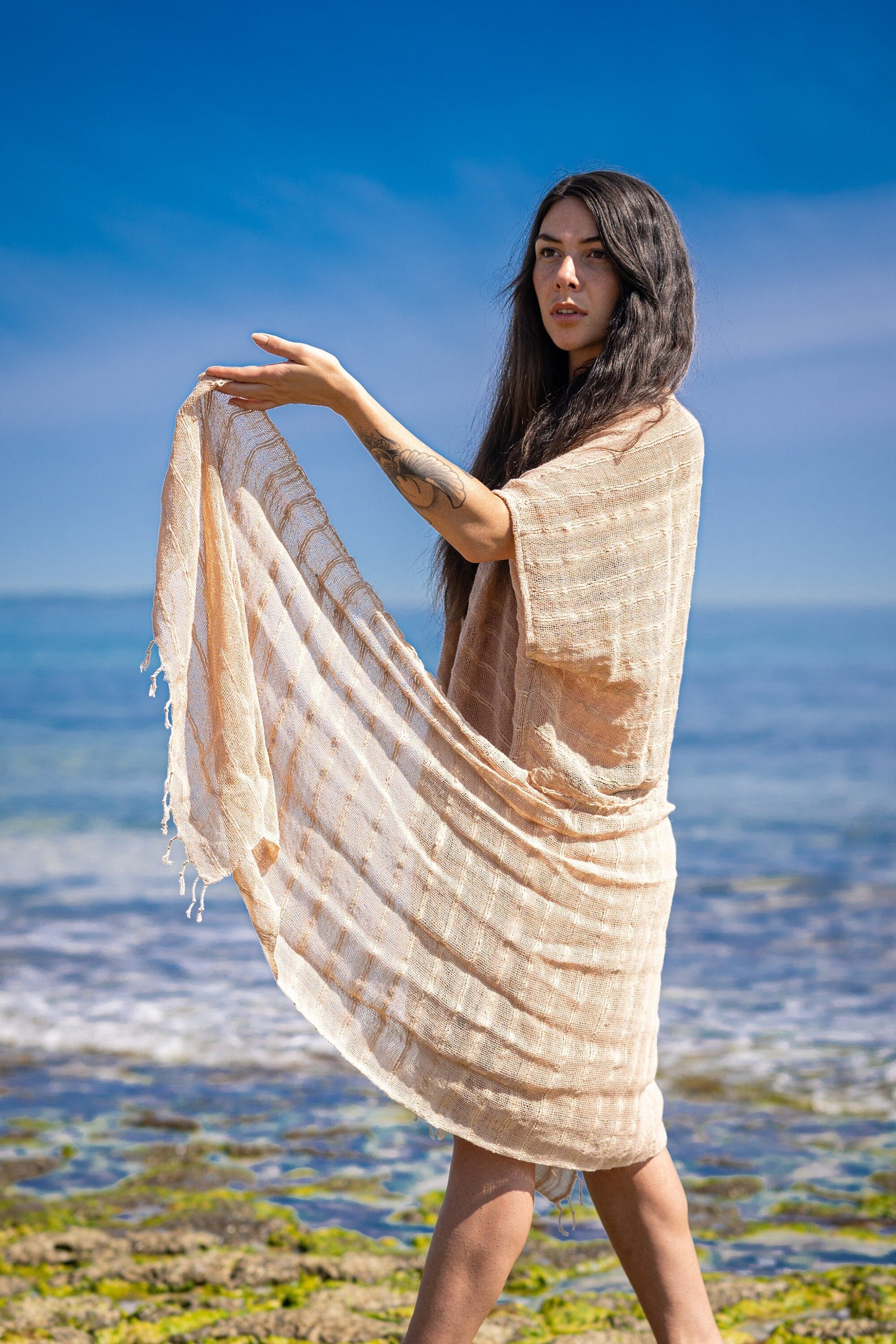 THEA Kimono Scarf Shawl Wrap Robe Bundle Set Beige White Cream Beach Festival Natural Netted Cotton See Through Soft Free Flow Boho AJJAYA