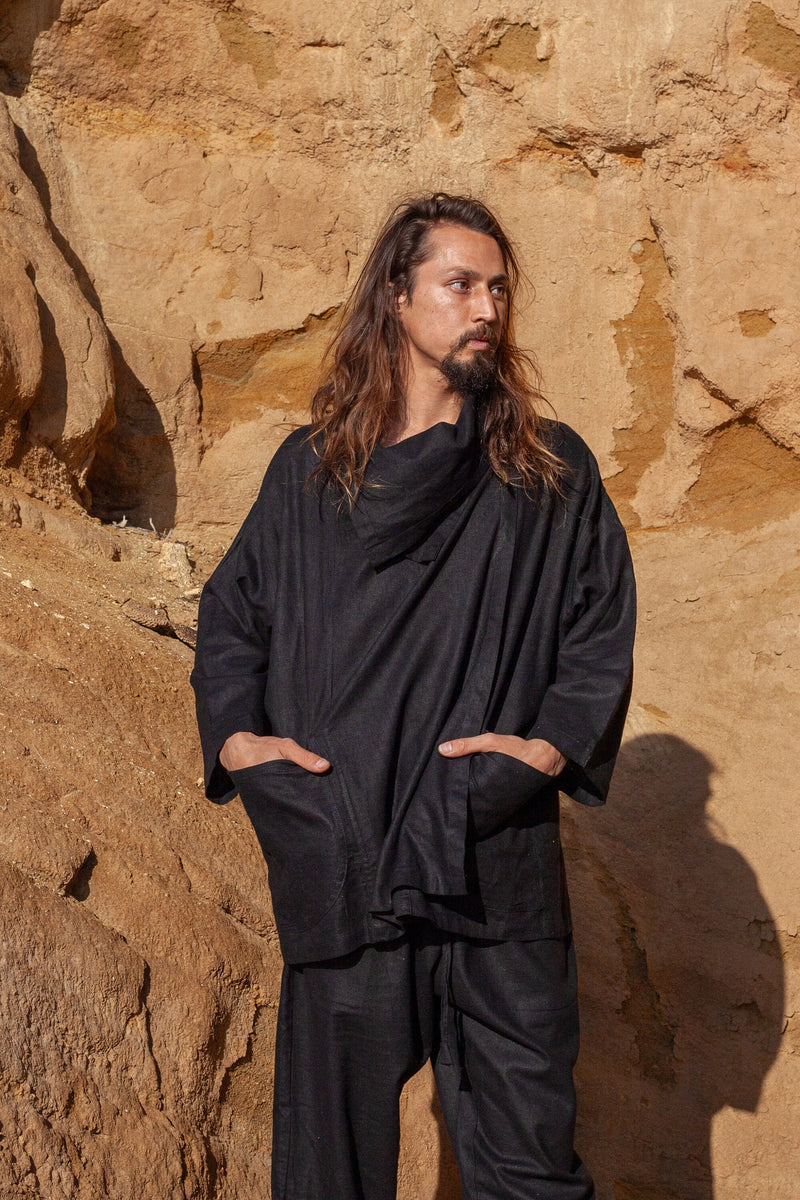 PAKEHA Organic Hemp Top Collar Black Minimalist Natural Herbal Dyed Pockets Festival Ceremony Ritual Sustainable Eco Friendly Casual AJJAYA