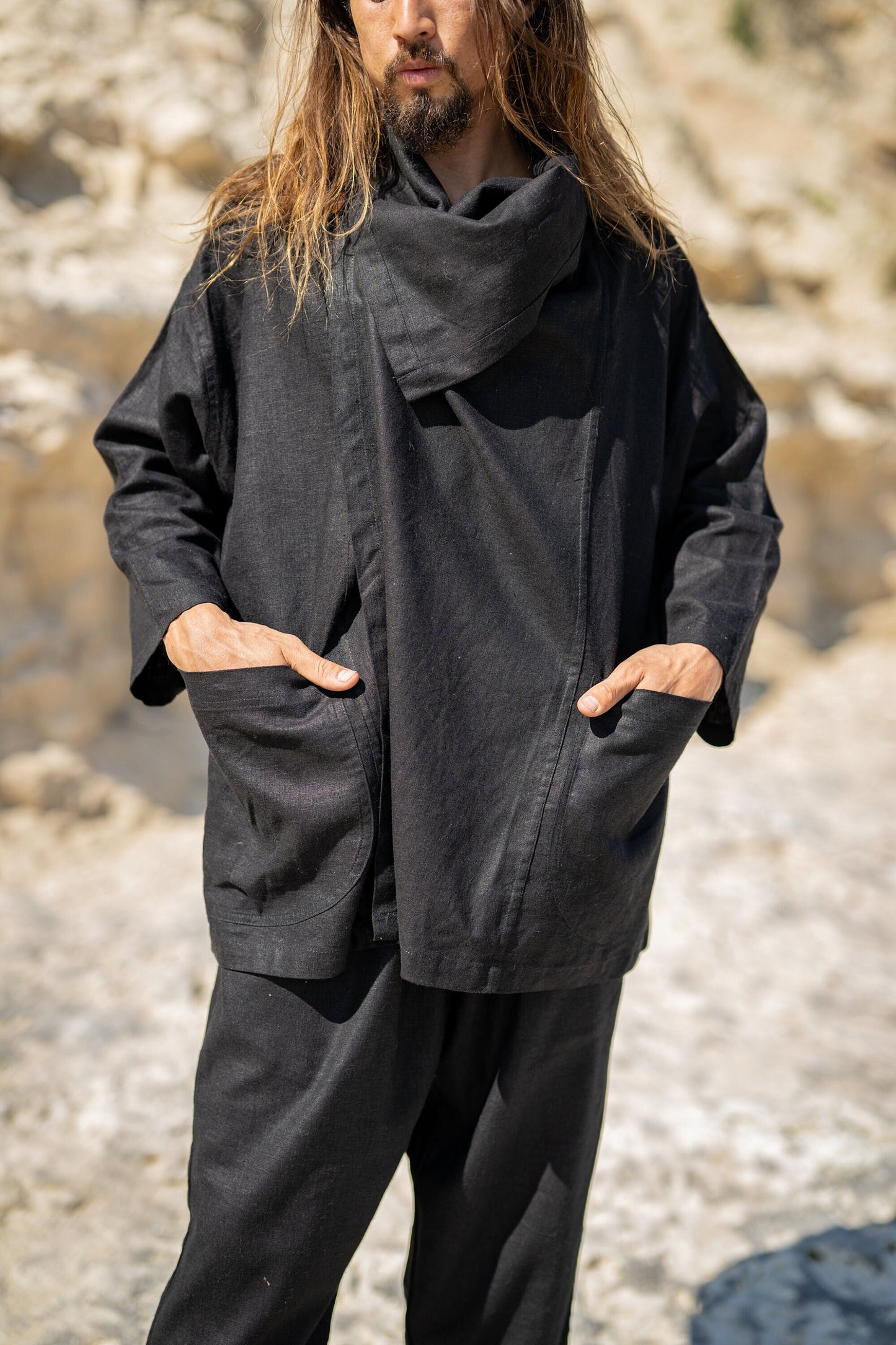 PAKEHA Organic Hemp Top Shirt Collar Black Minimalist Natural Herbal Dyed Pockets Festival Ceremony Ritual Sustainable Eco Friendly AJJAYA