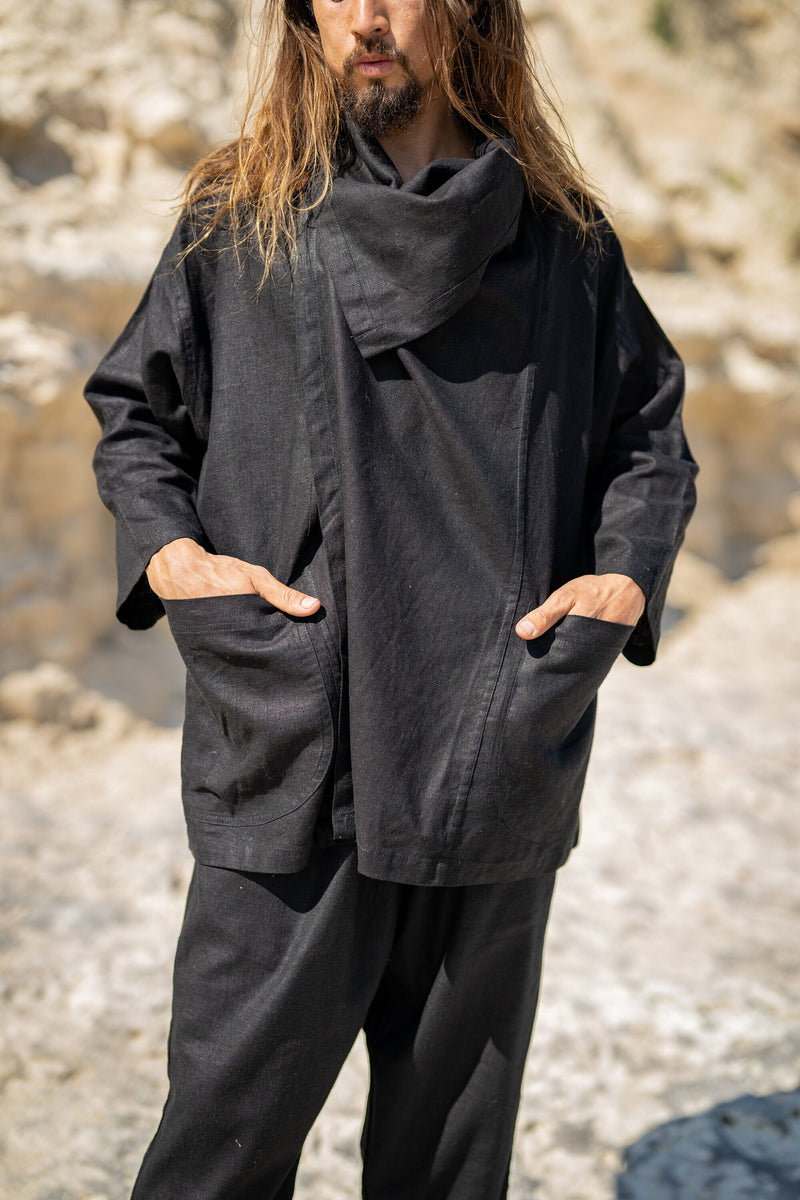 PAKEHA Organic Hemp Top Shirt Collar Black Minimalist Natural Herbal Dyed Pockets Festival Ceremony Ritual Sustainable Eco Friendly AJJAYA