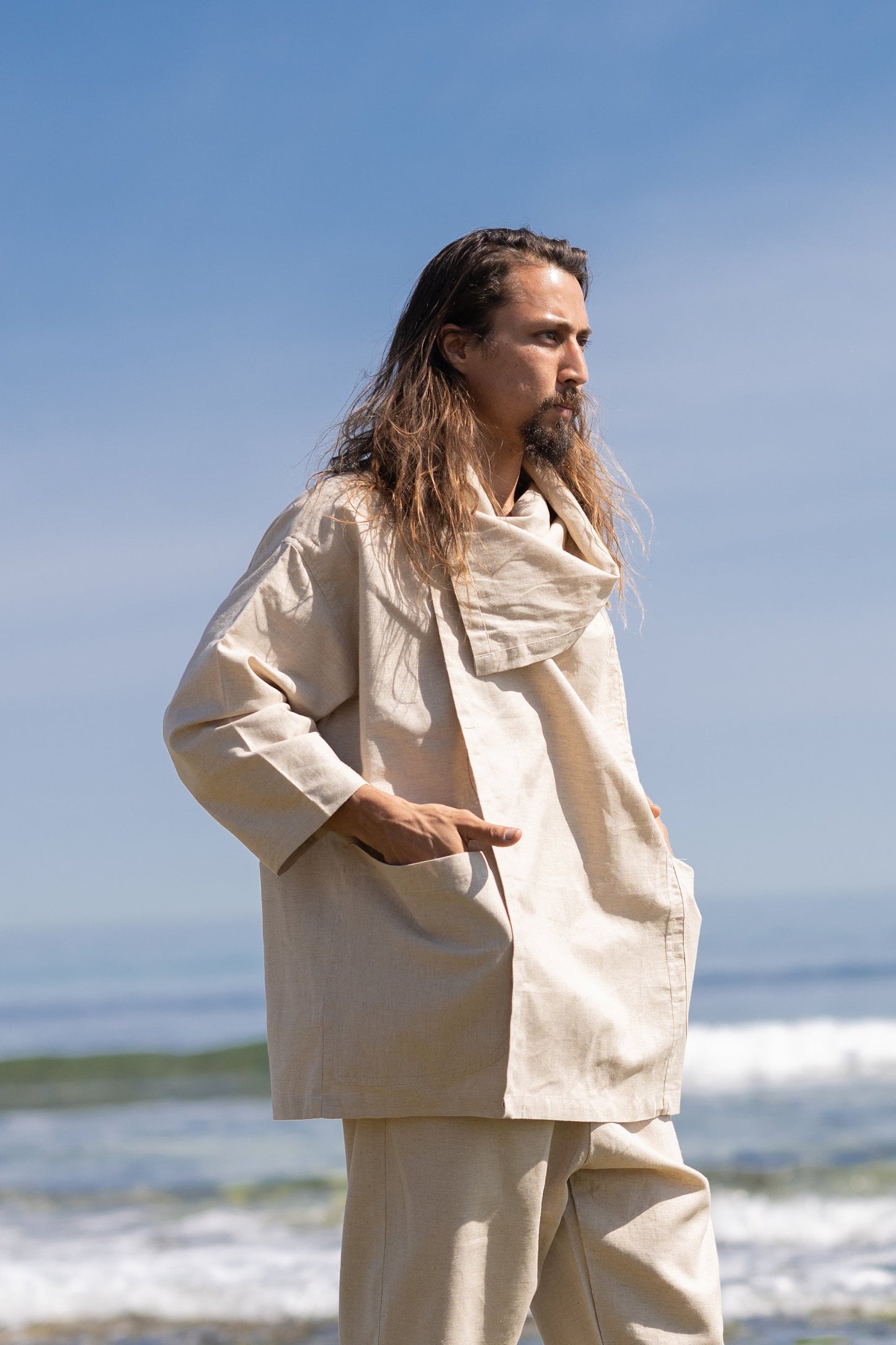 PAKEHA Organic Hemp Top Shirt Collar Beige Minimalist Natural Herbal Dyed Pockets Festival Ceremony Ritual Sustainable Eco Friendly AJJAYA