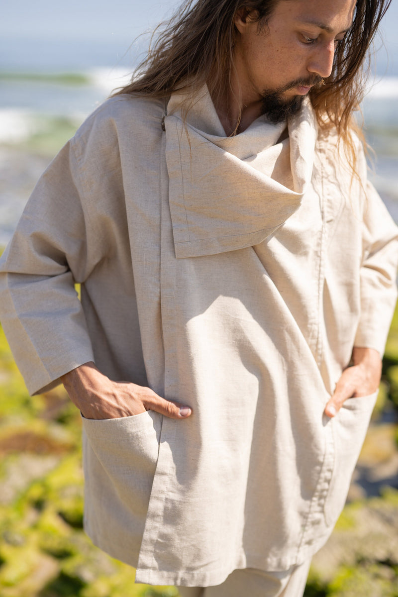 PAKEHA Organic Hemp Top Shirt Collar Beige Minimalist Natural Herbal Dyed Pockets Festival Ceremony Ritual Sustainable Eco Friendly AJJAYA