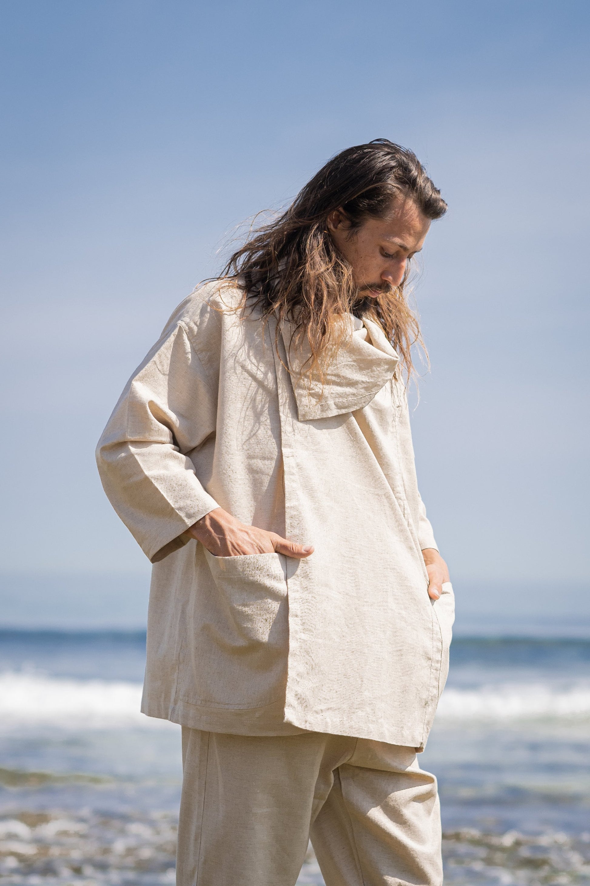 PAKEHA Organic Hemp Top Shirt Collar Beige Minimalist Natural Herbal Dyed Pockets Festival Ceremony Ritual Sustainable Eco Friendly AJJAYA