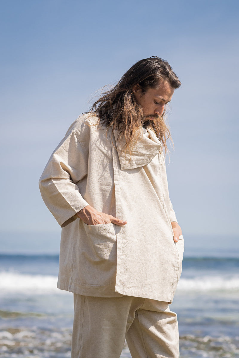 PAKEHA Organic Hemp Top Shirt Collar Beige Minimalist Natural Herbal Dyed Pockets Festival Ceremony Ritual Sustainable Eco Friendly AJJAYA