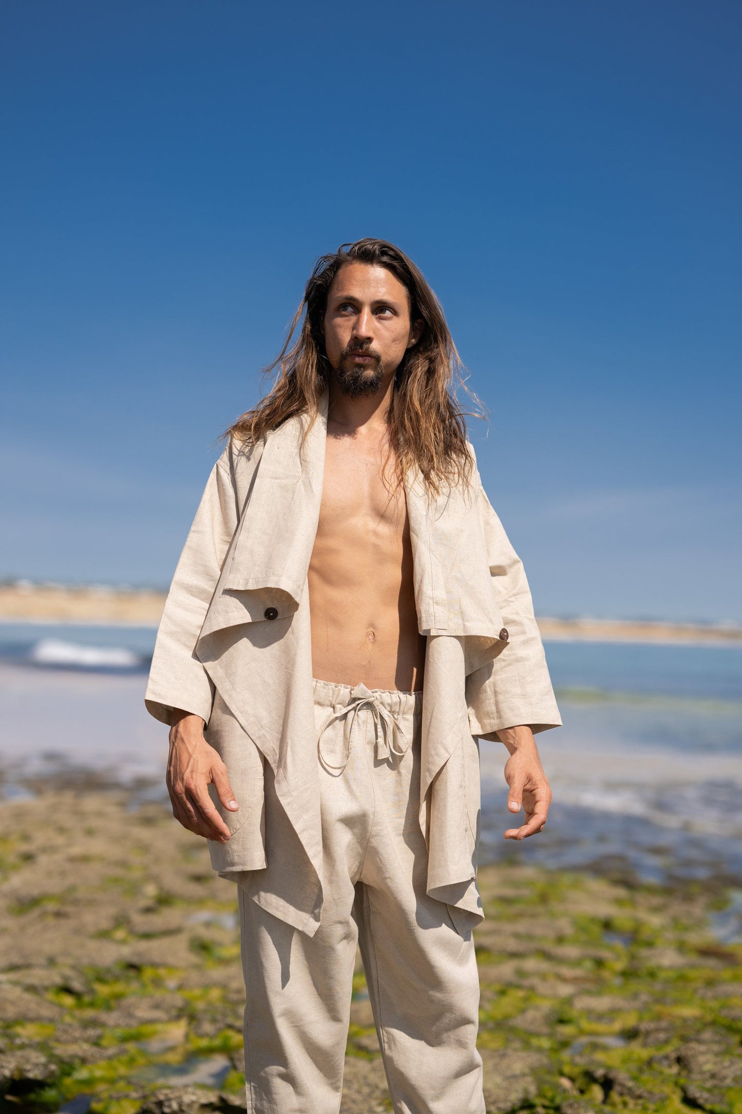 PAKEHA Organic Hemp Top Shirt Collar Beige Minimalist Natural Herbal Dyed Pockets Festival Ceremony Ritual Sustainable Eco Friendly AJJAYA