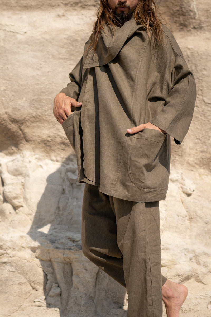 PAKEHA Organic Hemp Top Shirt Collar Sage Green Minimalist Herbal Dyed Pockets Festival Ceremony Ritual Sustainable Eco Friendly AJJAYA