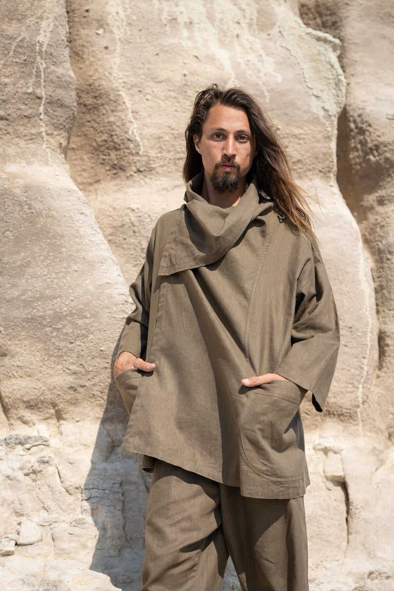 PAKEHA Organic Hemp Top Shirt Collar Sage Green Minimalist Herbal Dyed Pockets Festival Ceremony Ritual Sustainable Eco Friendly AJJAYA