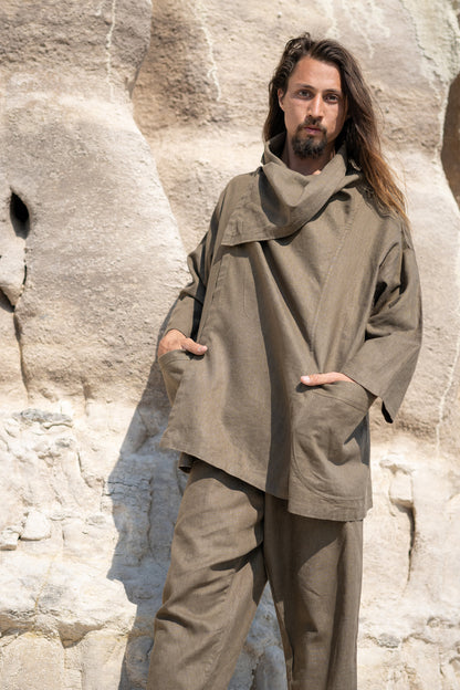 PAKEHA Organic Hemp Top Shirt Collar Sage Green Minimalist Herbal Dyed Pockets Festival Ceremony Ritual Sustainable Eco Friendly AJJAYA
