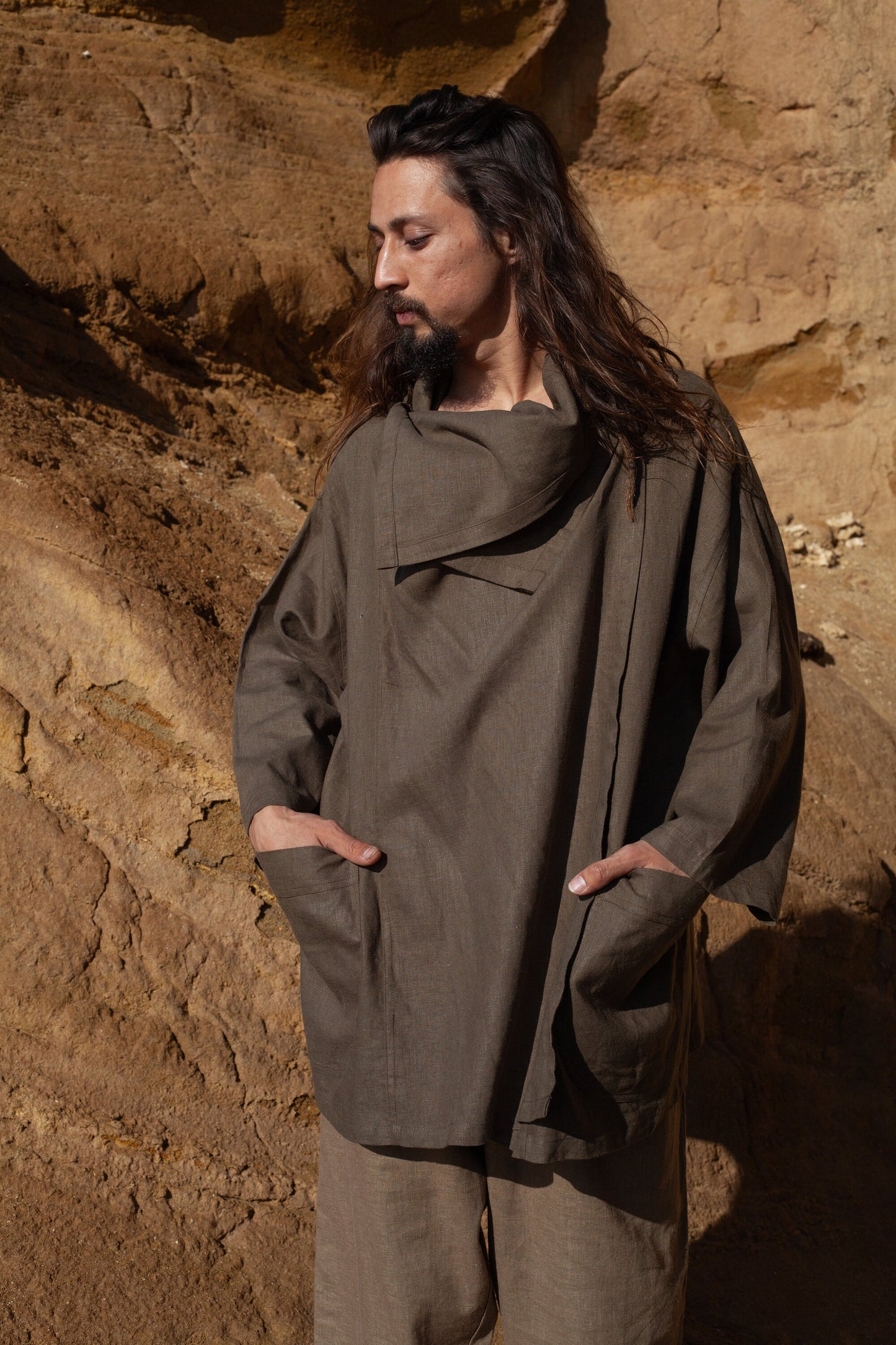 PAKEHA Organic Hemp Top Shirt Collar Sage Green Minimalist Herbal Dyed Pockets Festival Ceremony Ritual Sustainable Eco Friendly AJJAYA