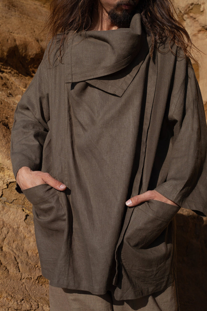 PAKEHA Organic Hemp Top Shirt Collar Sage Green Minimalist Herbal Dyed Pockets Festival Ceremony Ritual Sustainable Eco Friendly AJJAYA