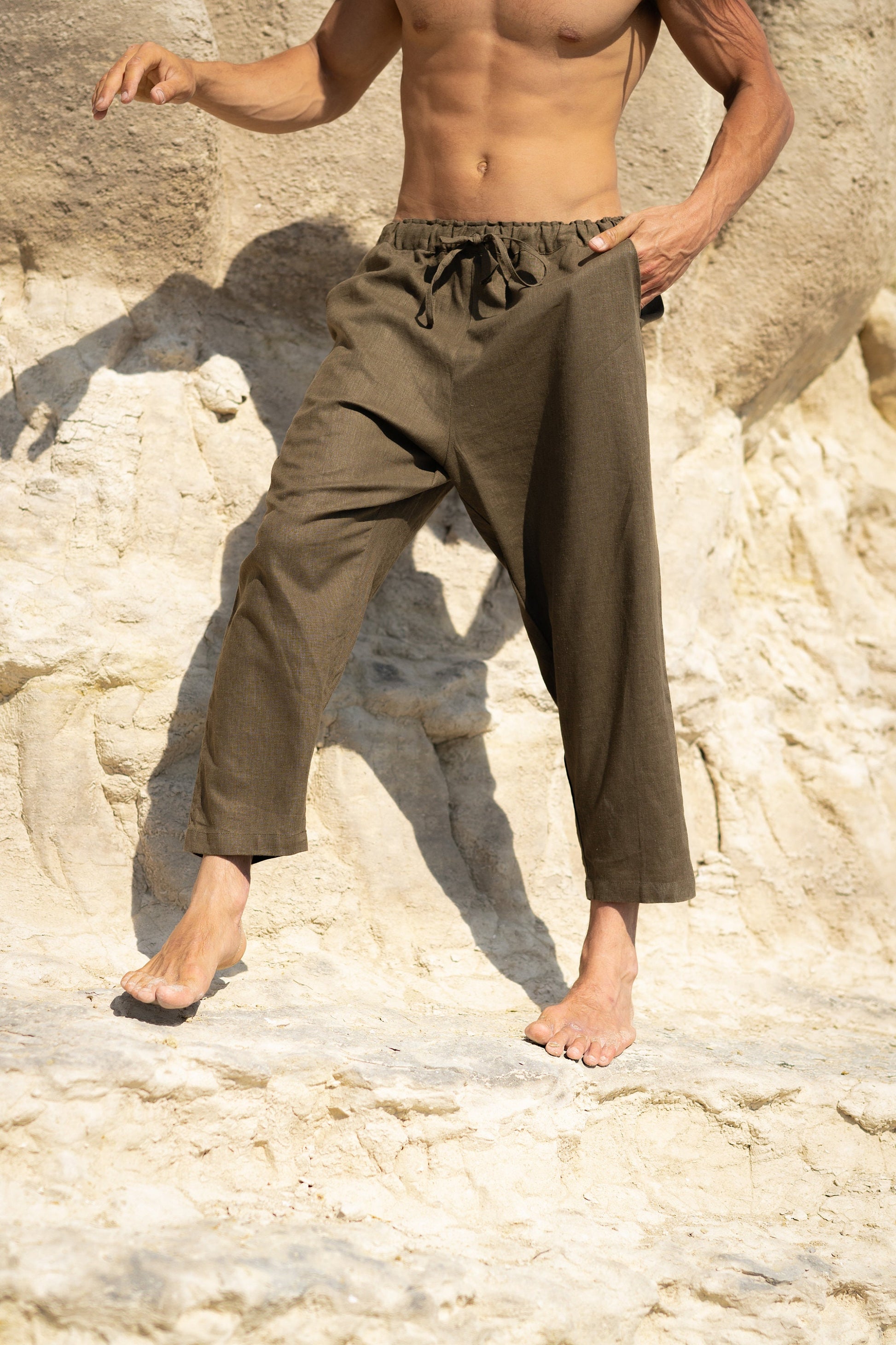 KOWA Organic Hemp Pants Sage Green Trousers with Two Pockets Yoga Sustainable Eco Friendly Festival Ceremony Boho Comfortable AJJAYA