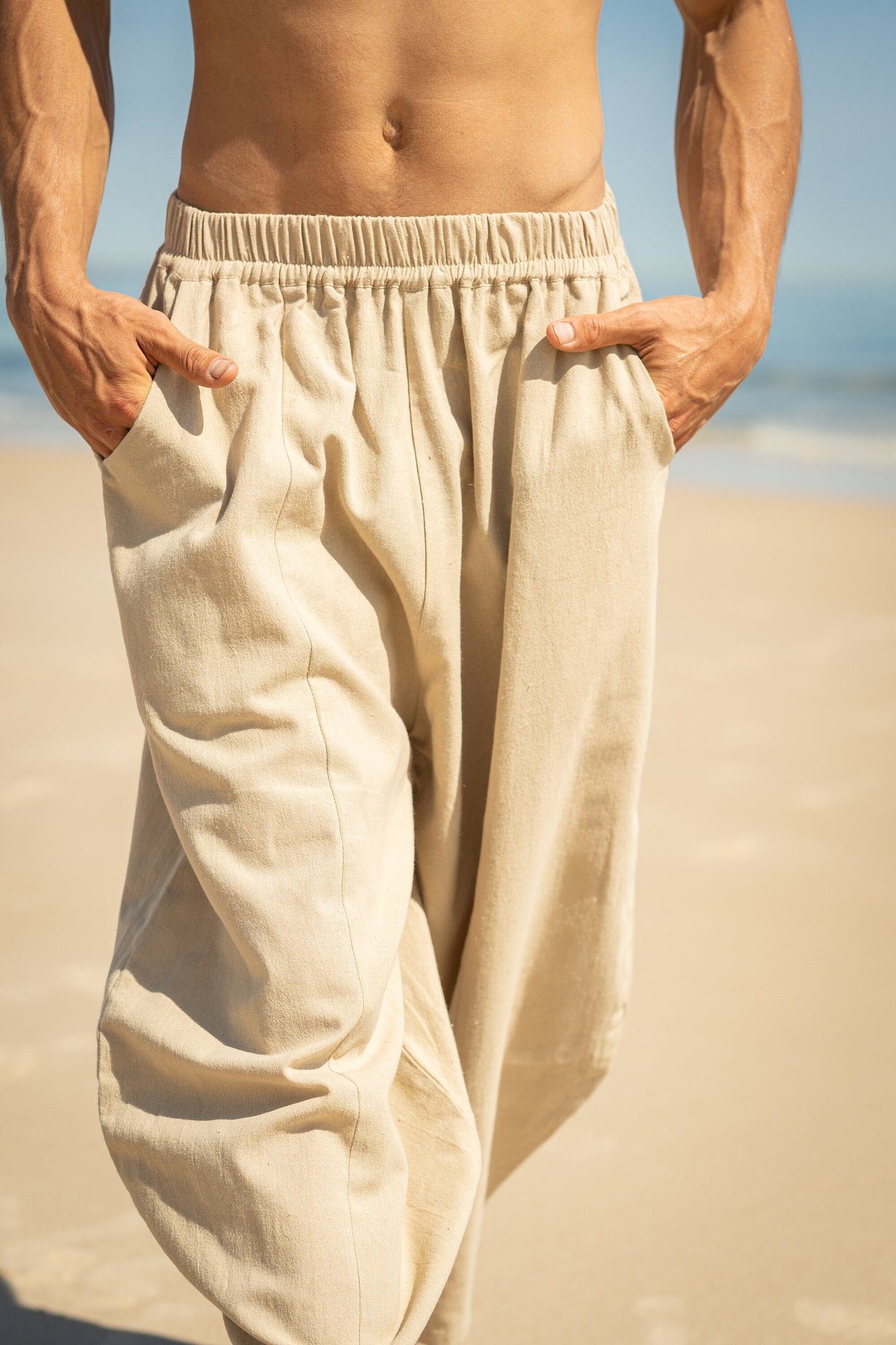 AYON Mens Cotton Yoga Pants Beige Natural Plant Dyed Pockets Yogi Breathable Gym Straight Trousers Flexible Drawstring Festival AJJAYA