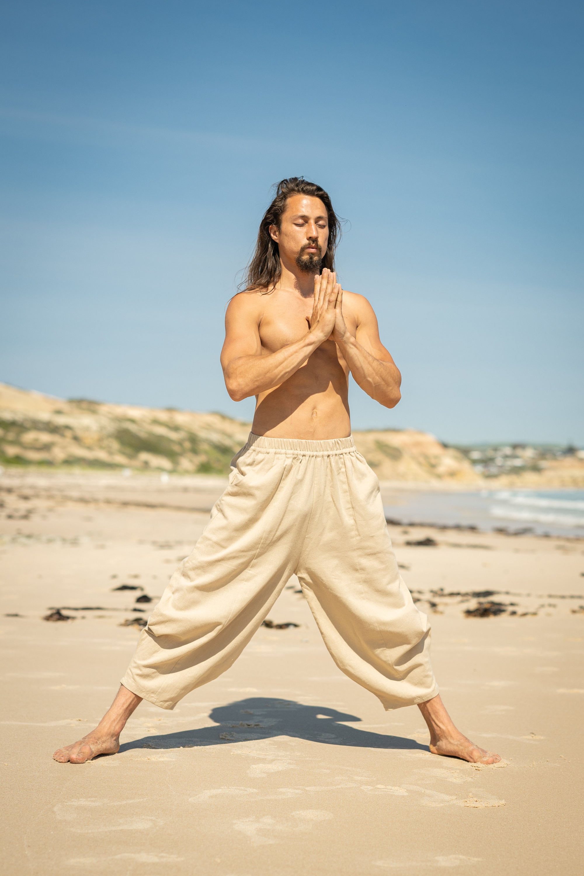 AYON Mens Cotton Yoga Pants Beige Natural Plant Dyed Two Pockets Yogi