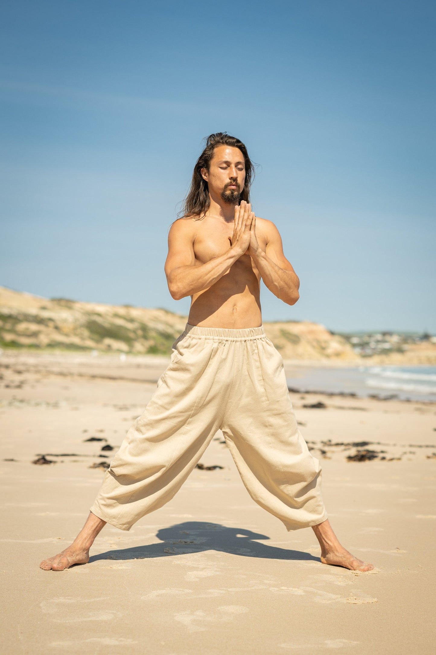 AYON Mens Cotton Yoga Pants Beige Natural Plant Dyed Two Pockets Yogi Breathable Gym Straight Trousers Flexible Drawstring Festival AJJAYA