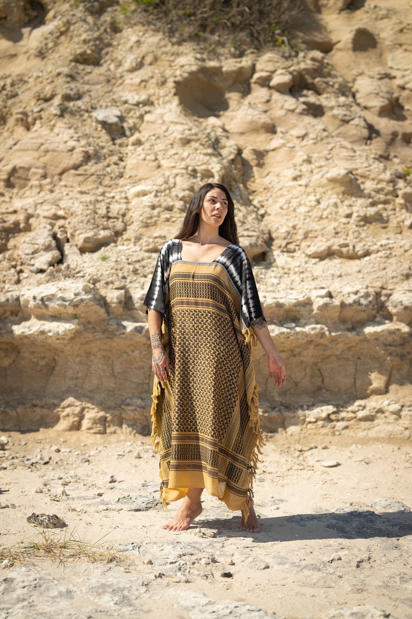 SALMA Maxi Wide Dress Beach Kaftan Gold Sand Soft Cotton Arabic Desert Kaffiyeh Goddess Summer Resort Loose Fit Plus Size Boho Caftan AJJAYA