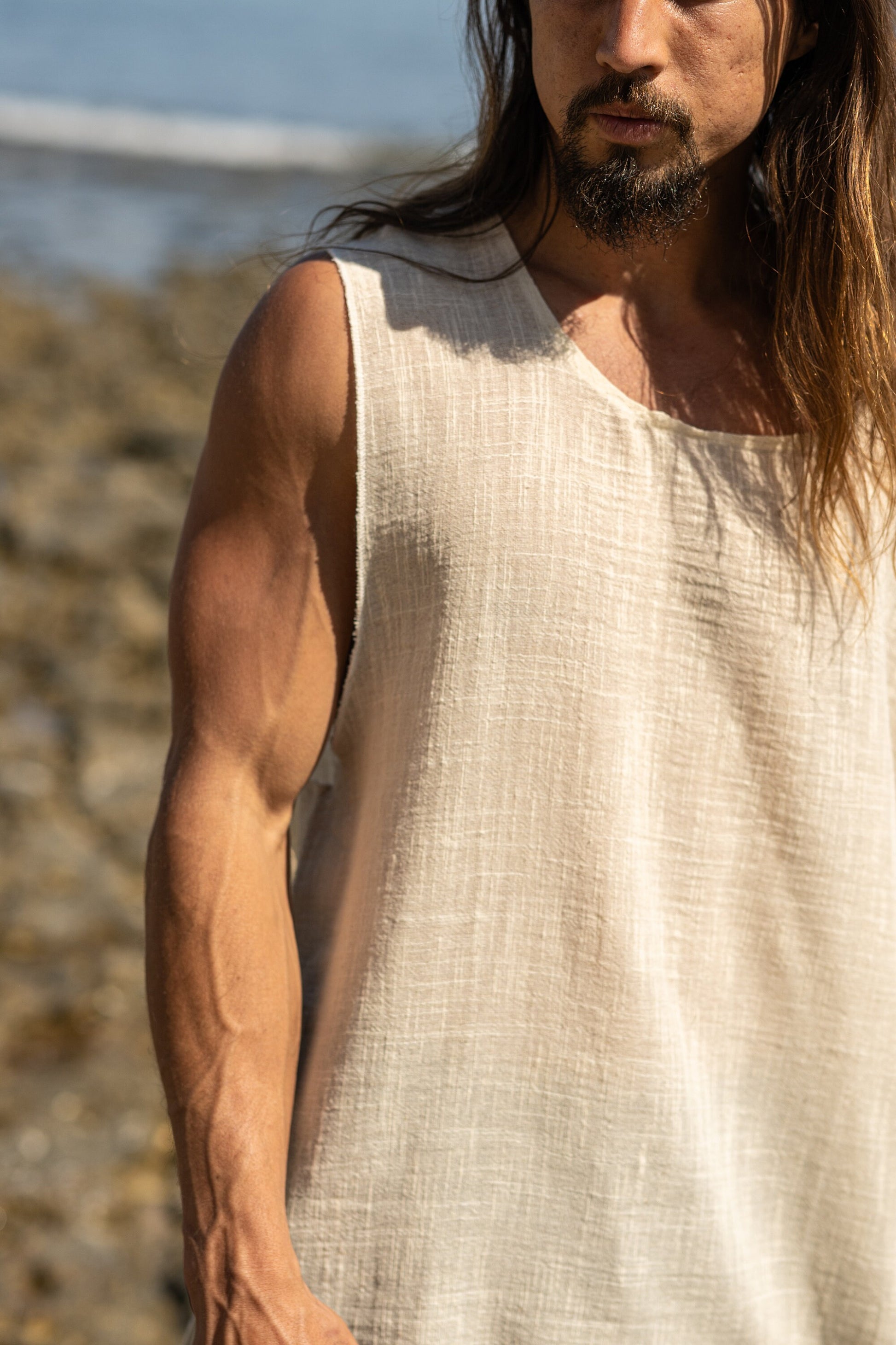 BALAKA Tank Top Beige Tribal Sleeveless Ultra Thin Natural Cotton Breathable Loose Fit Festival Plant Based Dyed Muscle Shirt AJJAYA