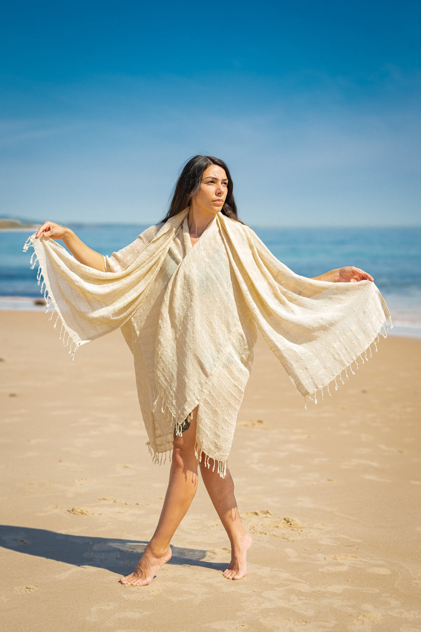 THEA Kimono Scarf Shawl Wrap Robe Bundle Set Beige White Cream Beach Festival Natural Netted Cotton See Through Soft Free Flow Boho AJJAYA