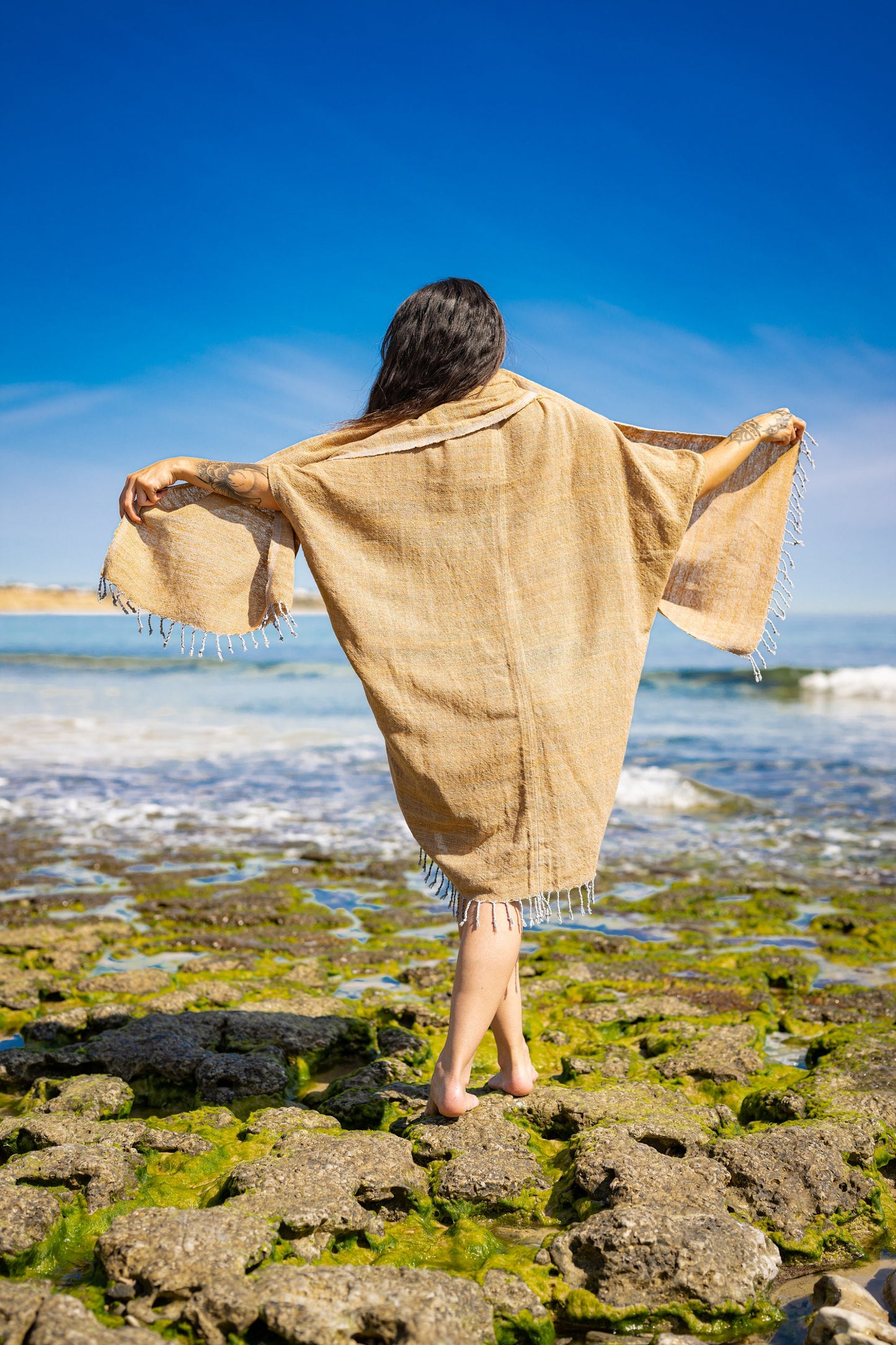THEA Kimono Scarf Shawl Wrap Robe Bundle Set Masala Yellow Beach Festival Natural Netted Cotton See Through Soft Free Flow Boho AJJAYA
