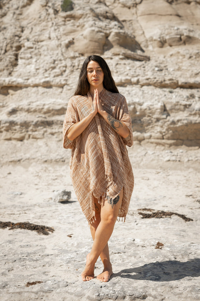 THEA Kimono Scarf Shawl Wrap Robe Bundle Set Rustic Orange Beach Festival Natural Netted Cotton See Through Soft Free Flow Boho AJJAYA