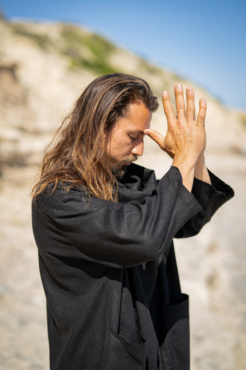 PAKEHA Organic Hemp Top Collar Black Minimalist Natural Herbal Dyed Pockets Festival Ceremony Ritual Sustainable Eco Friendly Casual AJJAYA