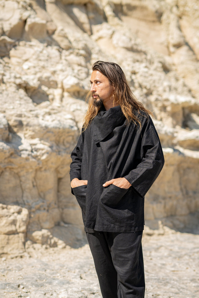 PAKEHA Organic Hemp Top Collar Black Minimalist Natural Herbal Dyed Pockets Festival Ceremony Ritual Sustainable Eco Friendly Casual AJJAYA