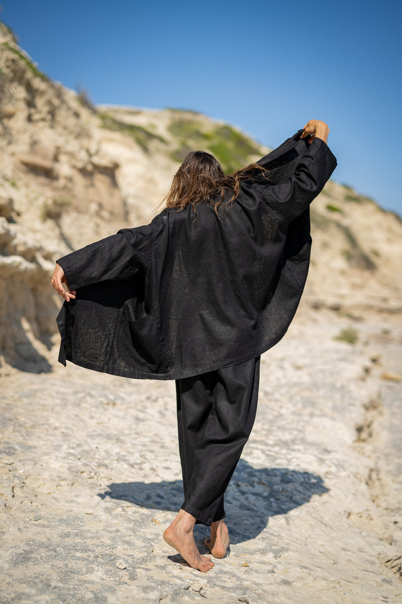 PAKEHA Organic Hemp Top Collar Black Minimalist Natural Herbal Dyed Pockets Festival Ceremony Ritual Sustainable Eco Friendly Casual AJJAYA