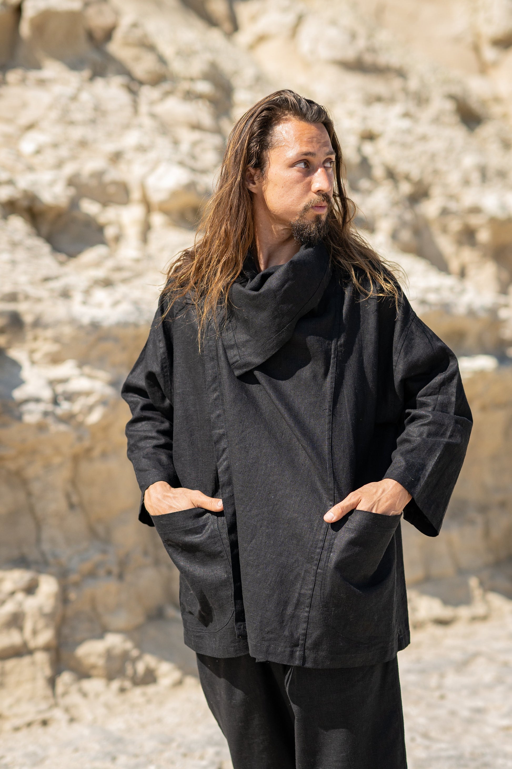 PAKEHA Organic Hemp Top Collar Black Minimalist Natural Herbal Dyed Pockets Festival Ceremony Ritual Sustainable Eco Friendly Casual AJJAYA