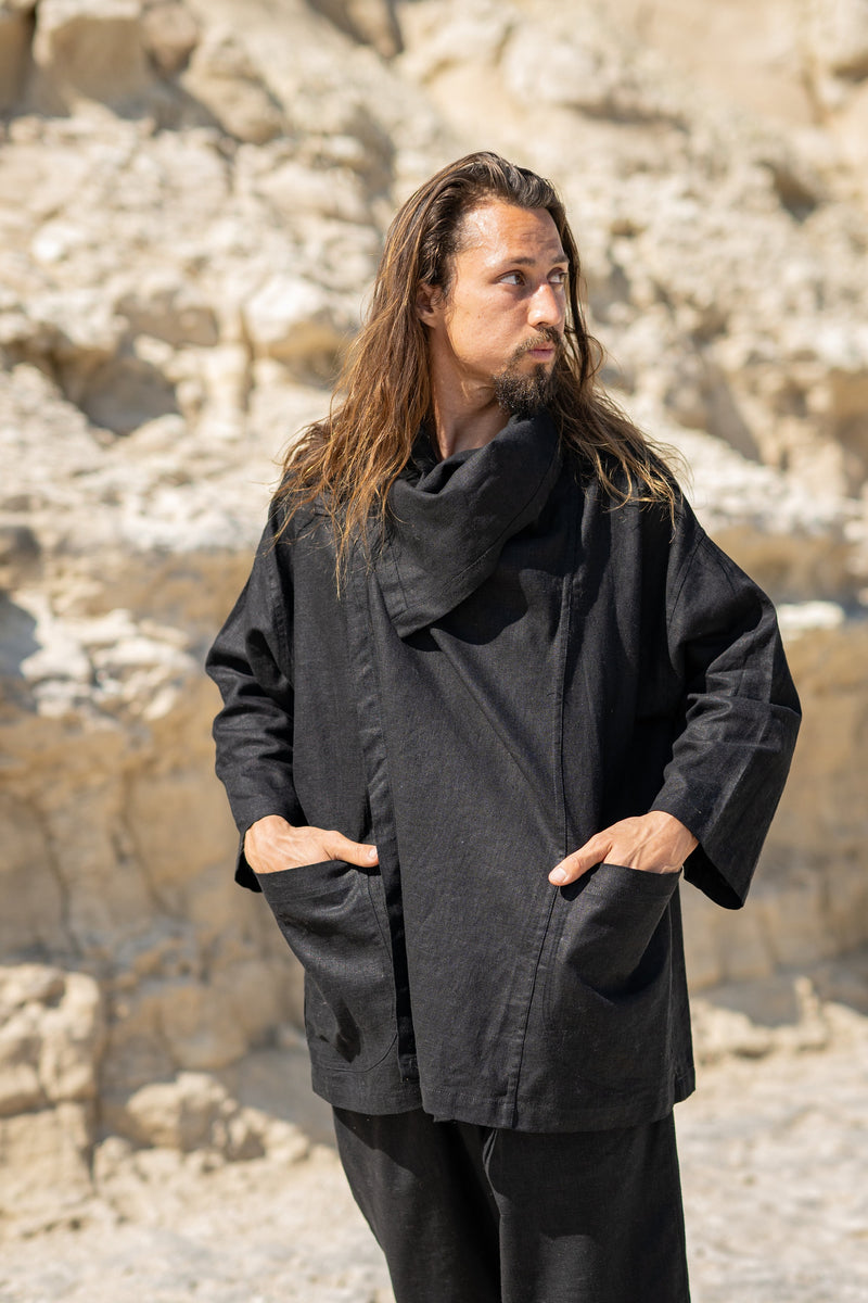 PAKEHA Organic Hemp Top Collar Black Minimalist Natural Herbal Dyed Pockets Festival Ceremony Ritual Sustainable Eco Friendly Casual AJJAYA