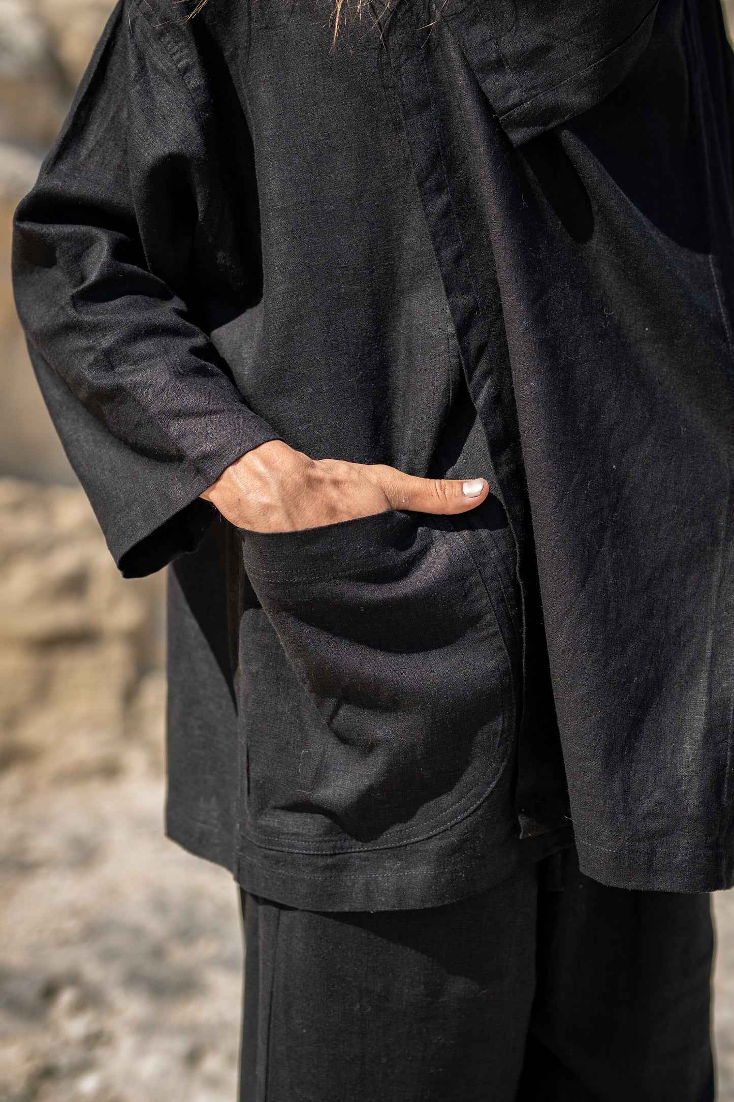 PAKEHA Organic Hemp Top Collar Black Minimalist Natural Herbal Dyed Pockets Festival Ceremony Ritual Sustainable Eco Friendly Casual AJJAYA