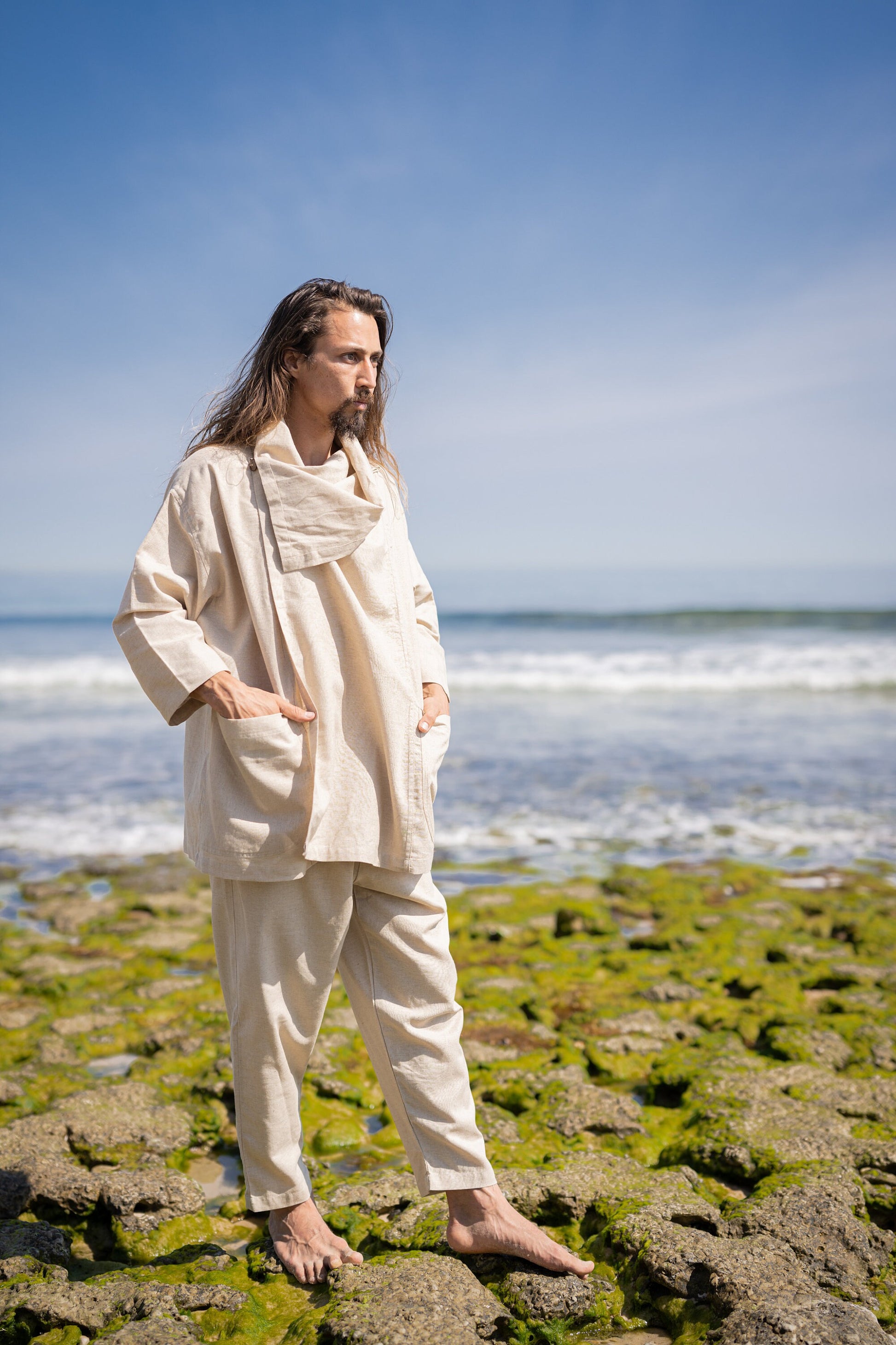 PAKEHA Organic Hemp Top Shirt Collar Beige Minimalist Natural Herbal Dyed Pockets Festival Ceremony Ritual Sustainable Eco Friendly AJJAYA