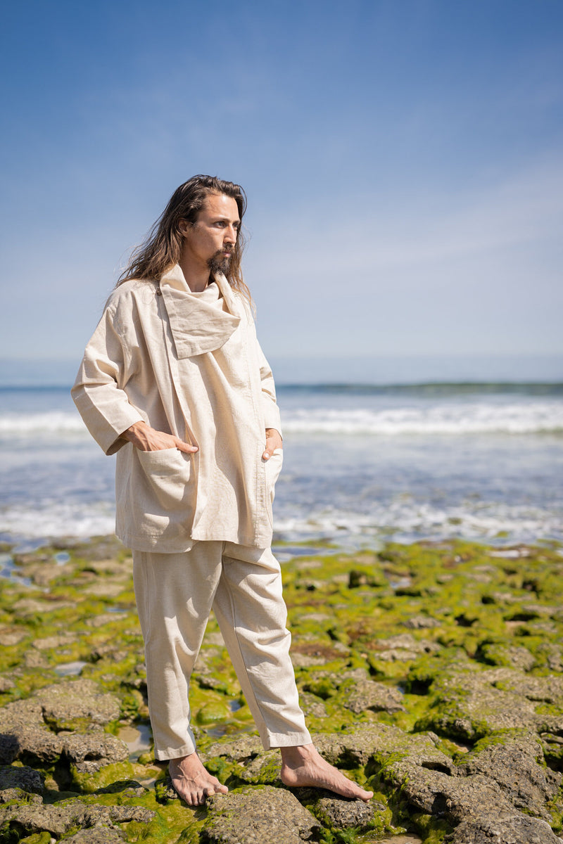 PAKEHA Organic Hemp Top Shirt Collar Beige Minimalist Natural Herbal Dyed Pockets Festival Ceremony Ritual Sustainable Eco Friendly AJJAYA