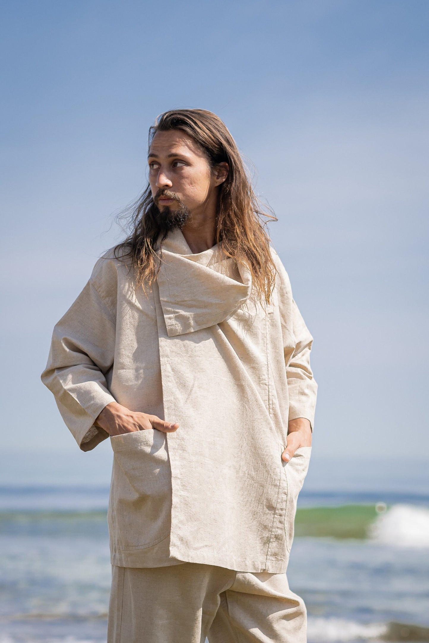 PAKEHA Organic Hemp Top Shirt Collar Beige Minimalist Natural Herbal Dyed Pockets Festival Ceremony Ritual Sustainable Eco Friendly AJJAYA