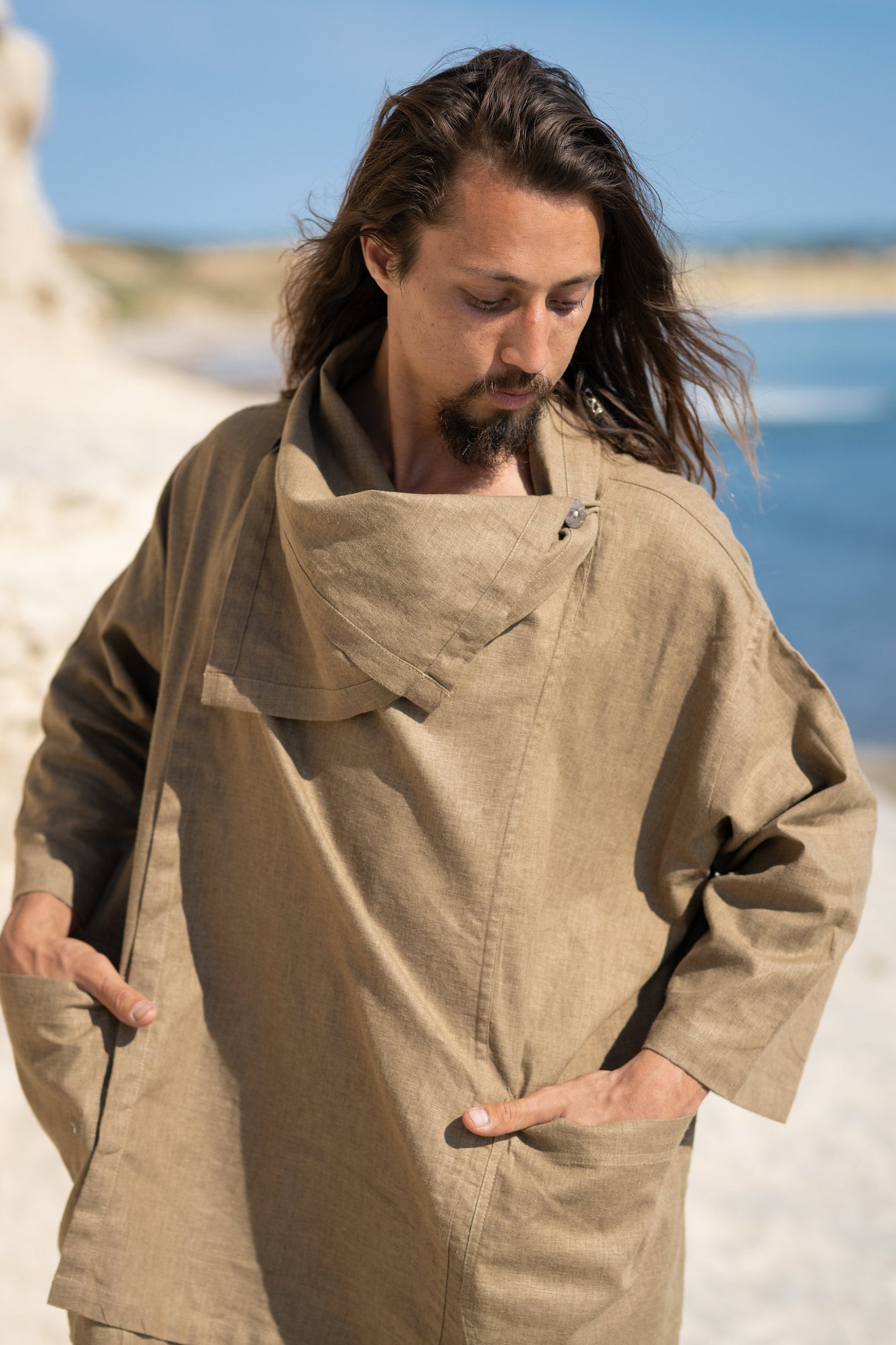 PAKEHA Organic Hemp Top Shirt Collar Olive Green Minimalist Herbal Dyed Pockets Festival Ceremony Ritual Sustainable Eco Friendly AJJAYA