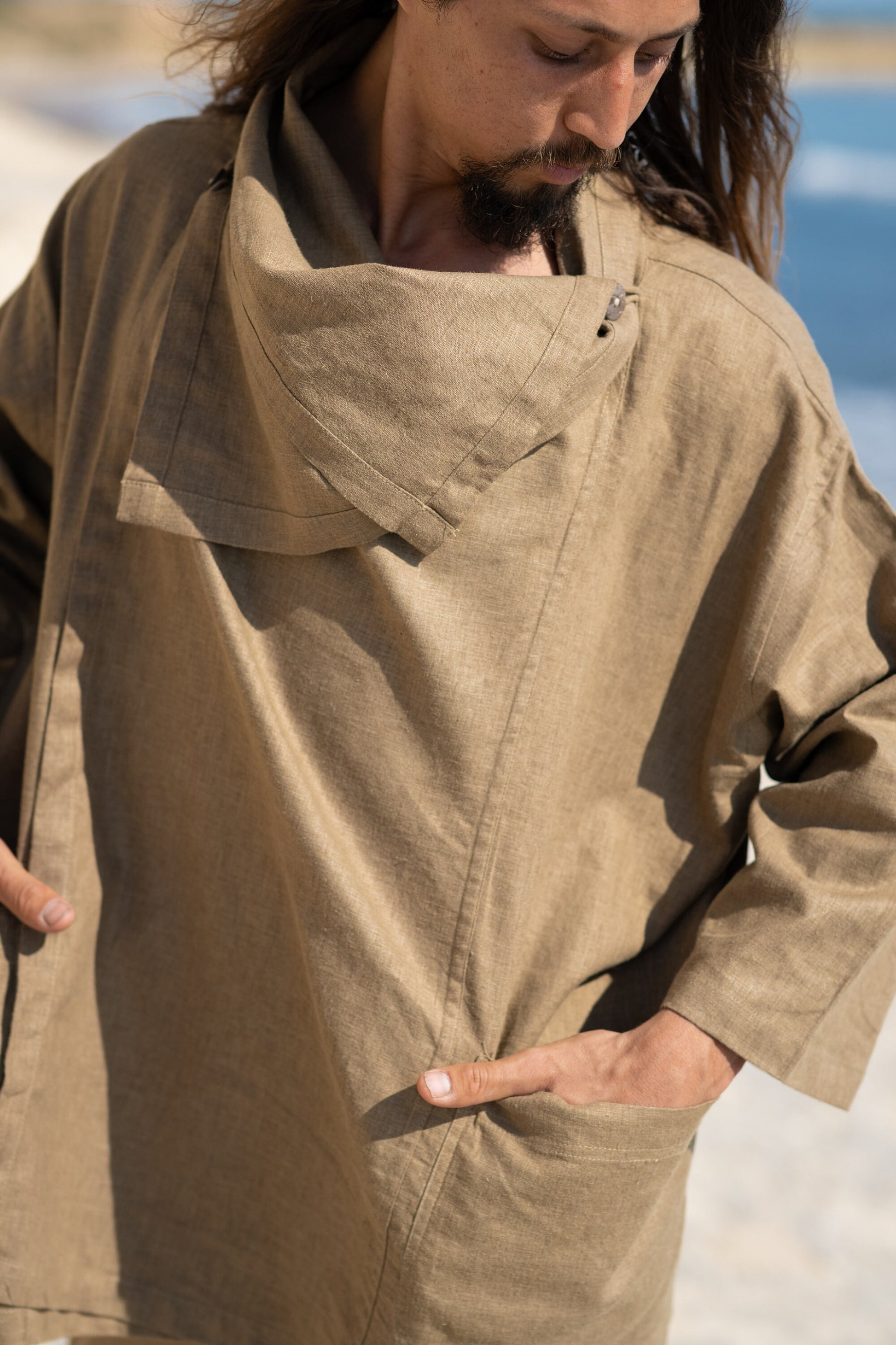 PAKEHA Organic Hemp Top Shirt Collar Olive Green Minimalist Herbal Dyed Pockets Festival Ceremony Ritual Sustainable Eco Friendly AJJAYA