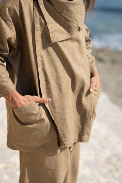 PAKEHA Organic Hemp Top Shirt Collar Olive Green Minimalist Herbal Dyed Pockets Festival Ceremony Ritual Sustainable Eco Friendly AJJAYA