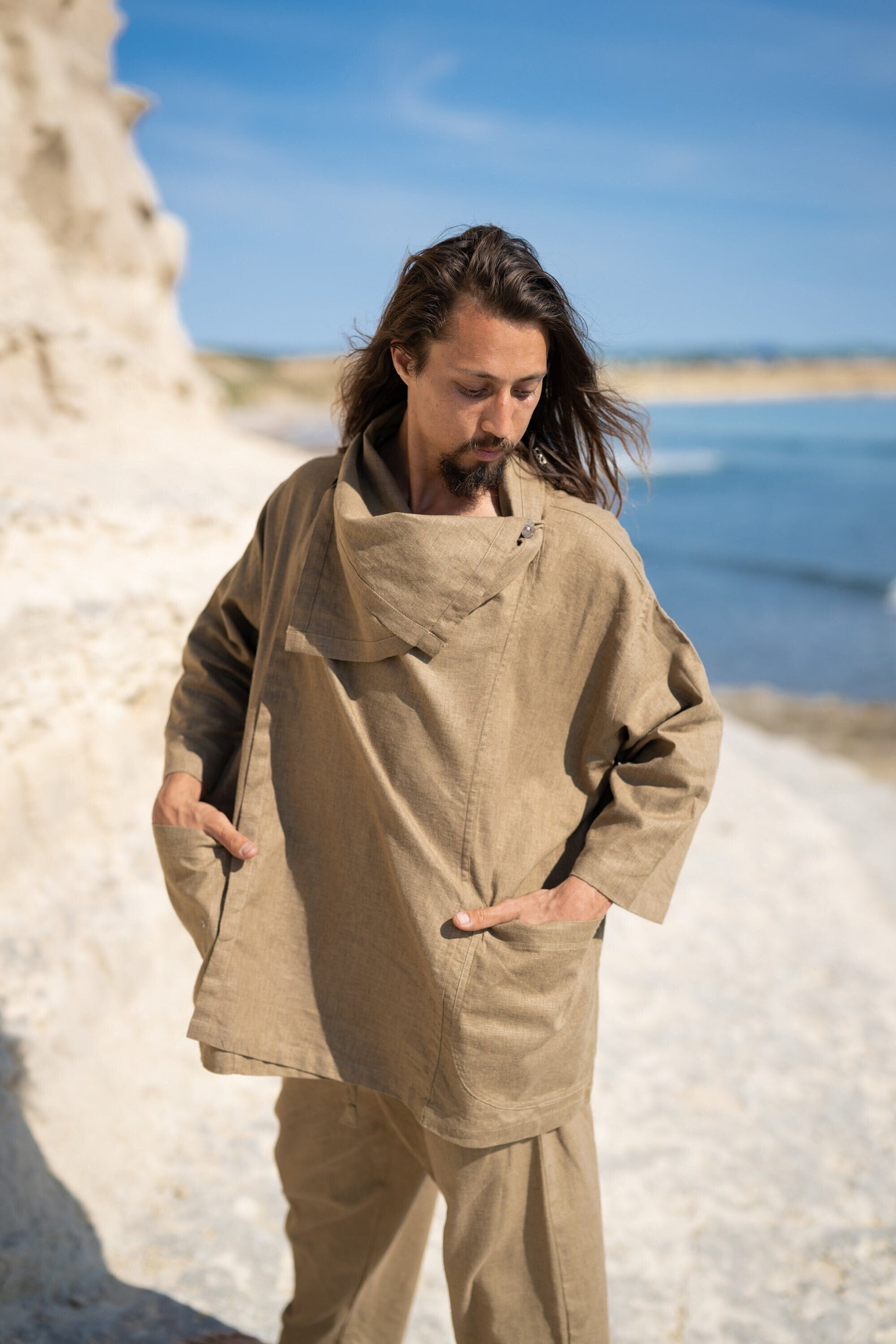 PAKEHA Organic Hemp Top Shirt Collar Olive Green Minimalist Herbal Dyed Pockets Festival Ceremony Ritual Sustainable Eco Friendly AJJAYA