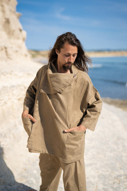PAKEHA Organic Hemp Top Shirt Collar Olive Green Minimalist Herbal Dyed Pockets Festival Ceremony Ritual Sustainable Eco Friendly AJJAYA