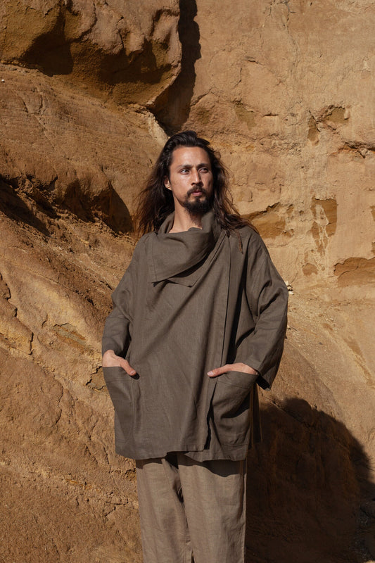 PAKEHA Organic Hemp Top Shirt Collar Sage Green Minimalist Herbal Dyed Pockets Festival Ceremony Ritual Sustainable Eco Friendly AJJAYA