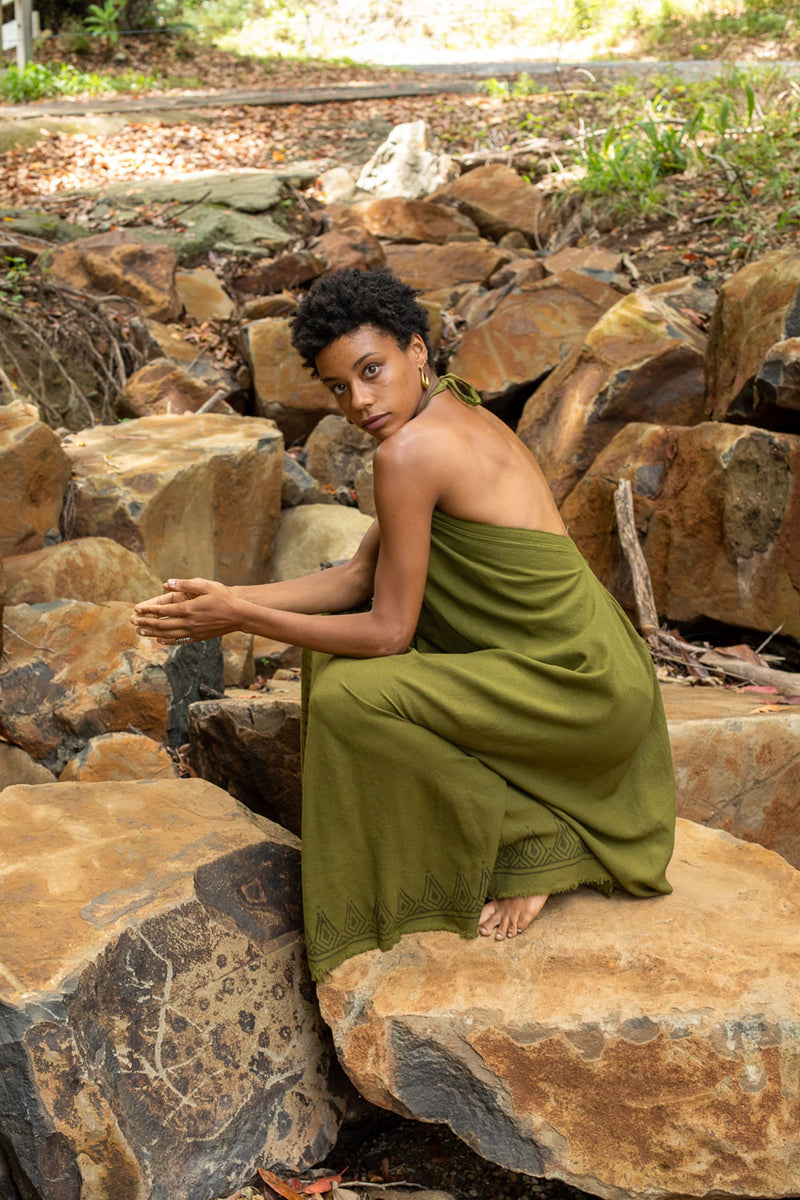 SELENA Long Dress Goddess Olive Green Maxi Open Back Cotton Festival Boho Naturally Dyed Block Printed Tribal Hippie Patterns Earthy AJJAYA