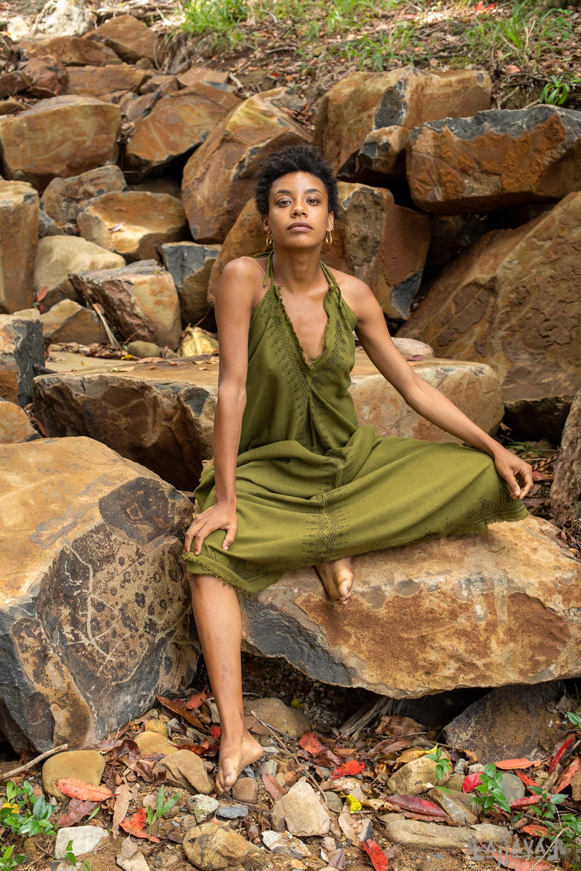 SELENA Long Dress Goddess Olive Green Maxi Open Back Cotton AJJAYA SELENA Long Dress Goddess Olive Green Maxi Open Back Cotton AJJAYA