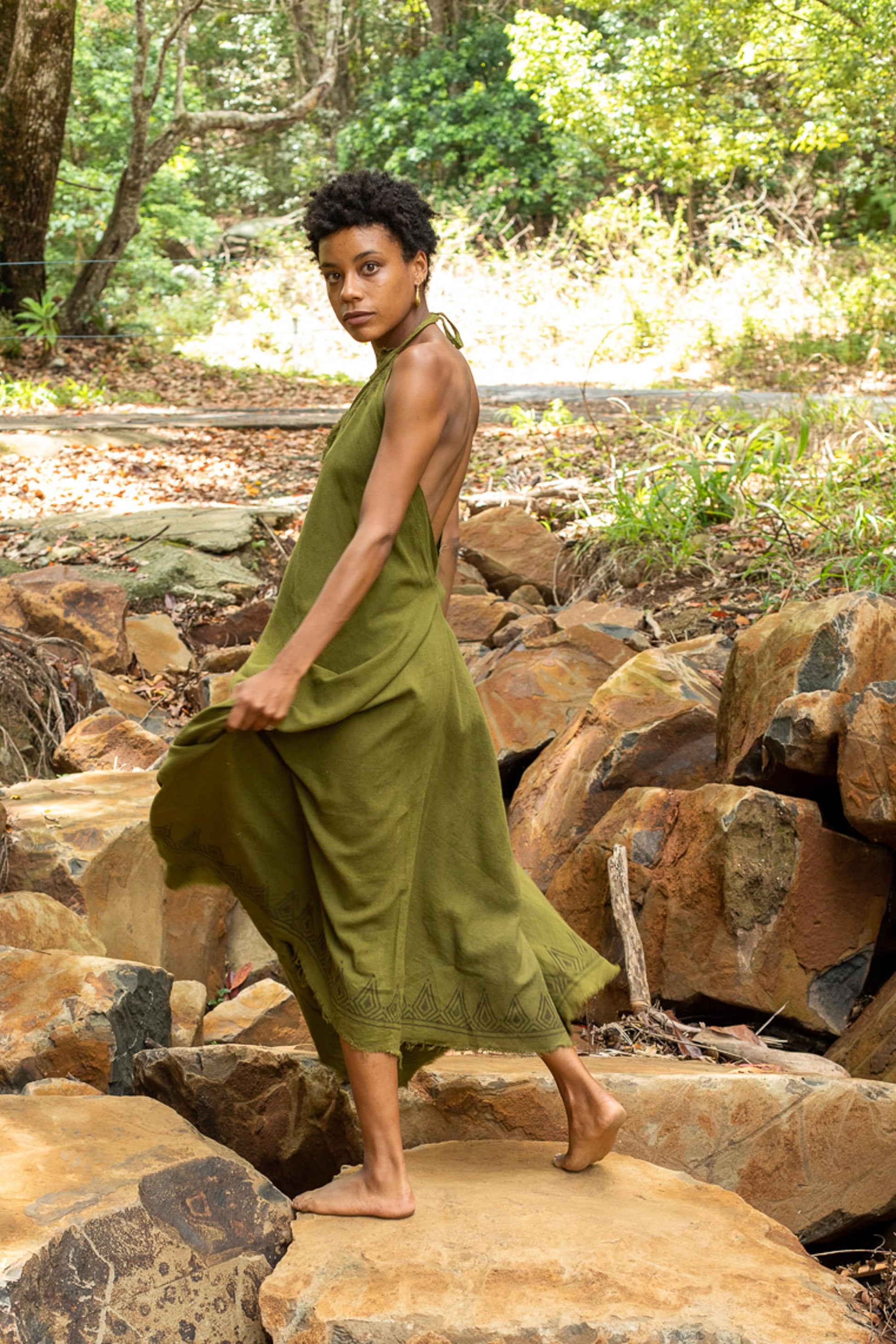 SELENA Long Dress Goddess Olive Green Maxi Open Back Cotton AJJAYA SELENA Long Dress Goddess Olive Green Maxi Open Back Cotton AJJAYA