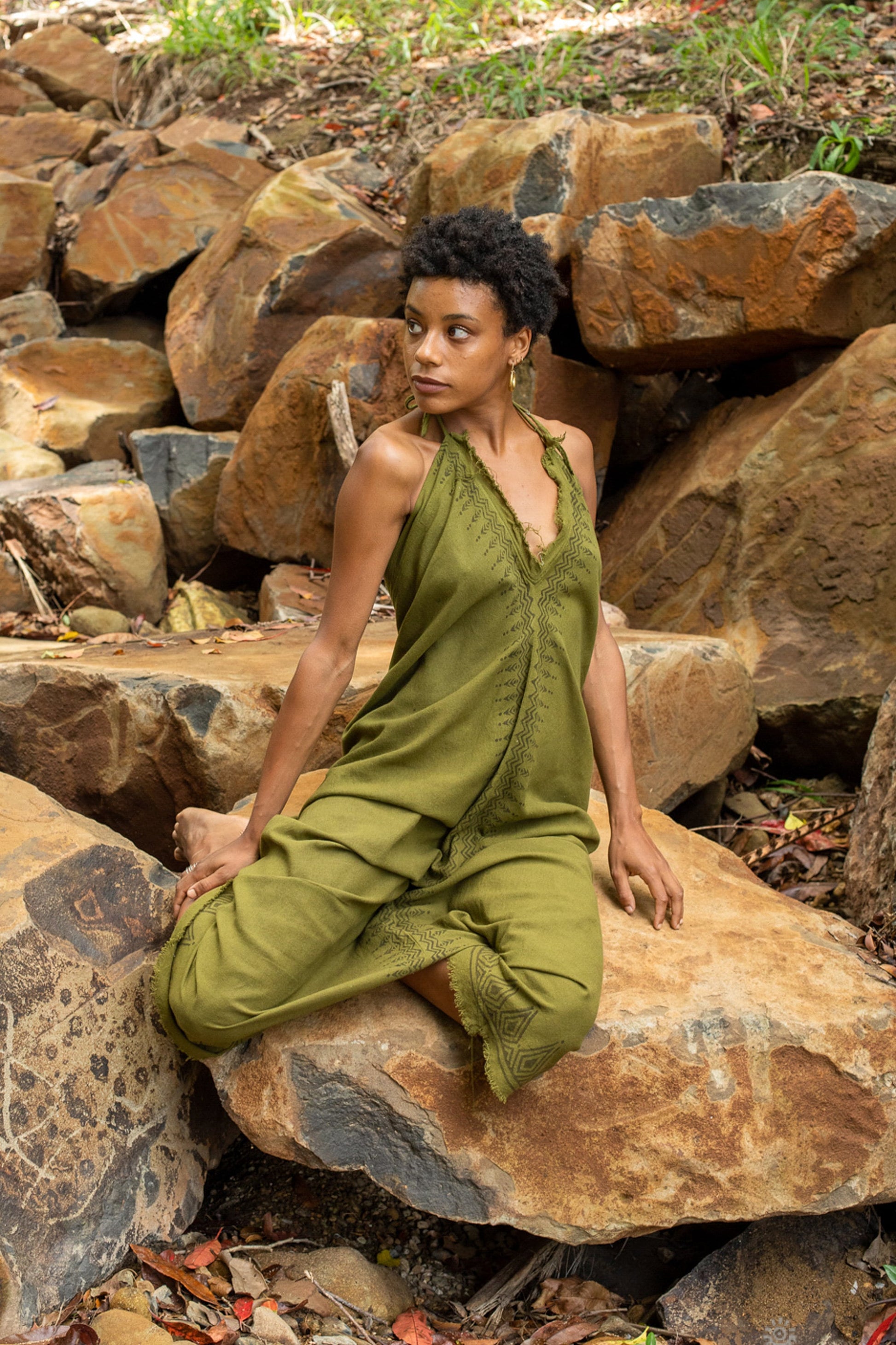 SELENA Long Dress Goddess Olive Green Maxi Open Back Cotton AJJAYA SELENA Long Dress Goddess Olive Green Maxi Open Back Cotton AJJAYA