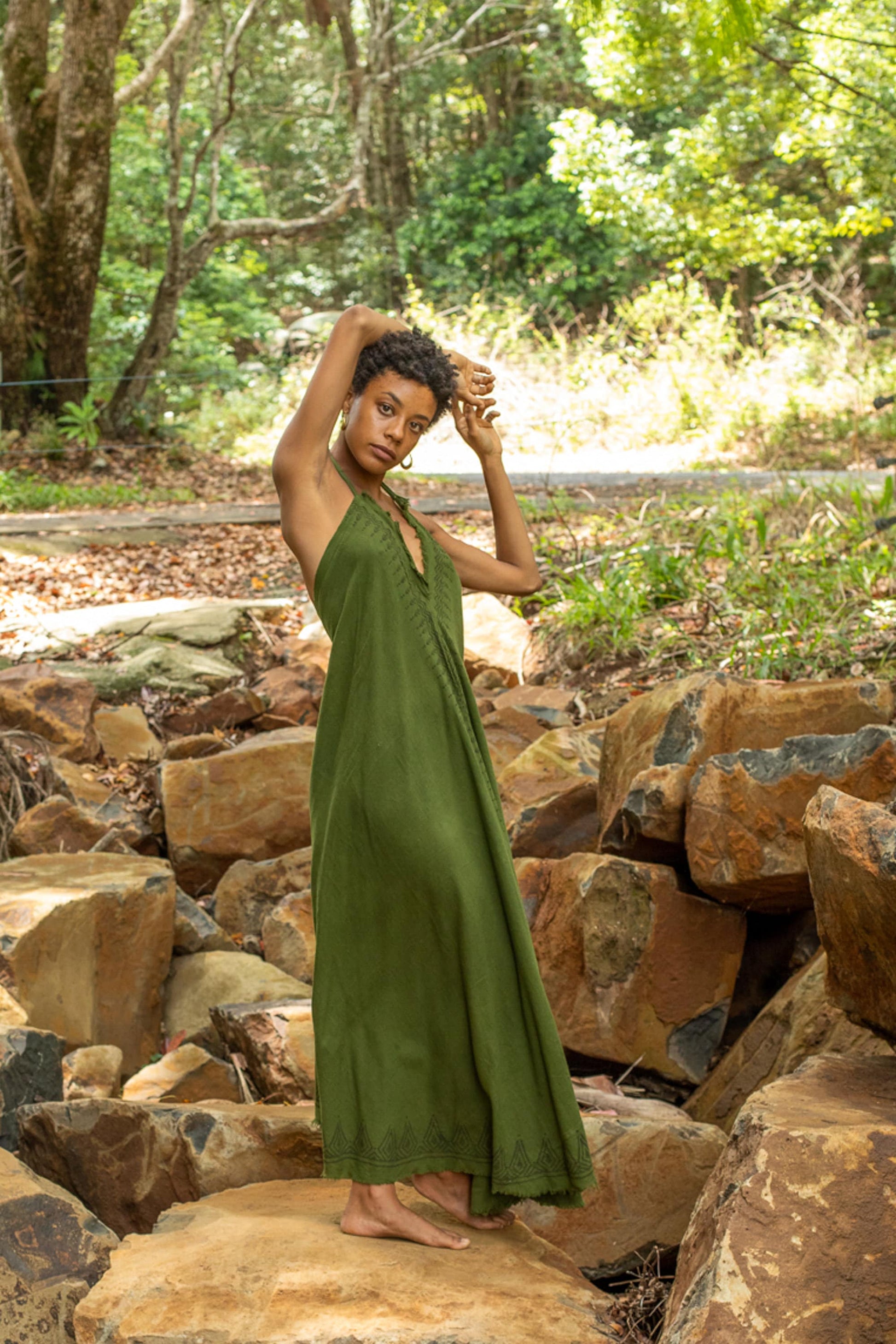 SELENA Long Dress Goddess Sage Green Maxi Open Back Cotton AJJAYA SELENA Long Dress Goddess Sage Green Maxi Open Back Cotton AJJAYA