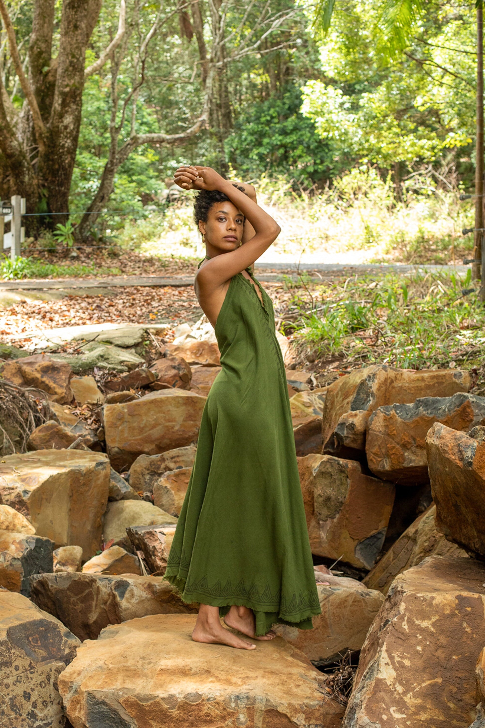 SELENA Long Dress Goddess Sage Green Maxi Open Back Cotton AJJAYA SELENA Long Dress Goddess Sage Green Maxi Open Back Cotton AJJAYA