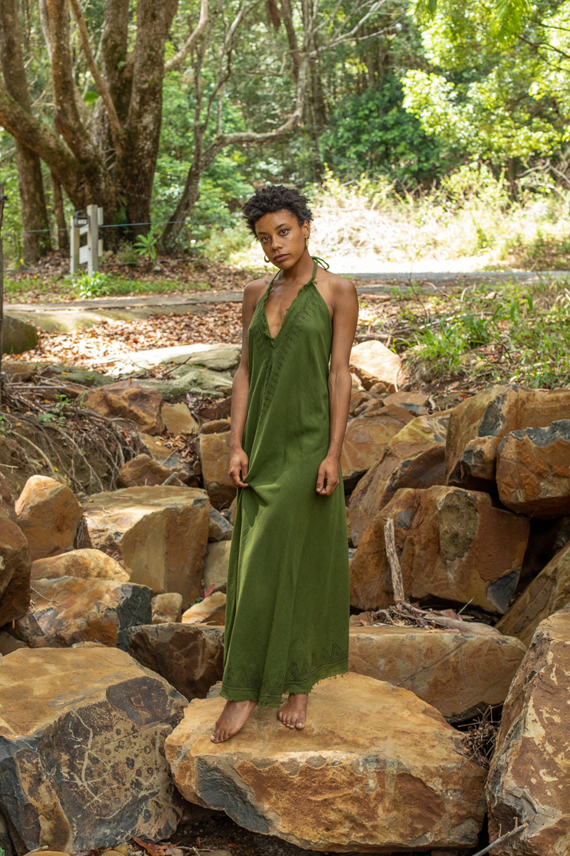 SELENA Long Dress Goddess Sage Green Maxi Open Back Cotton AJJAYA SELENA Long Dress Goddess Sage Green Maxi Open Back Cotton AJJAYA