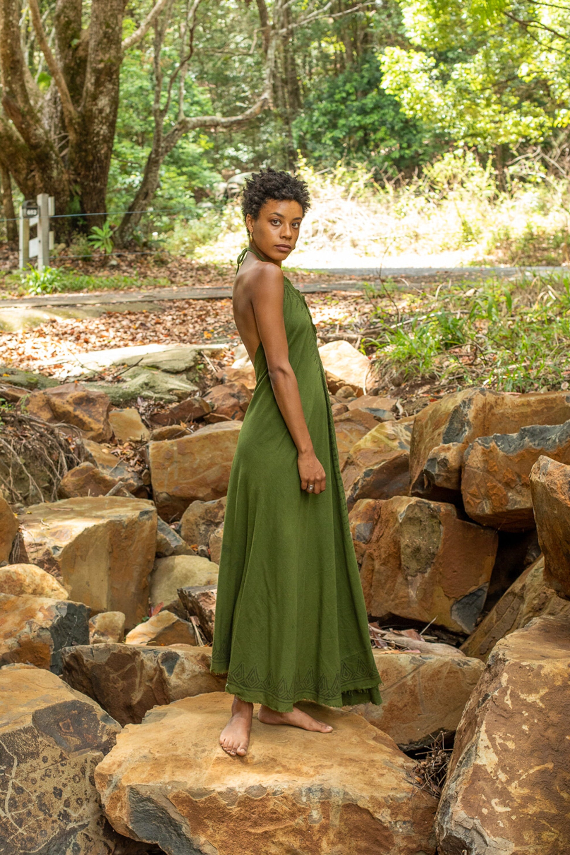 SELENA Long Dress Goddess Sage Green Maxi Open Back Cotton AJJAYA SELENA Long Dress Goddess Sage Green Maxi Open Back Cotton AJJAYA