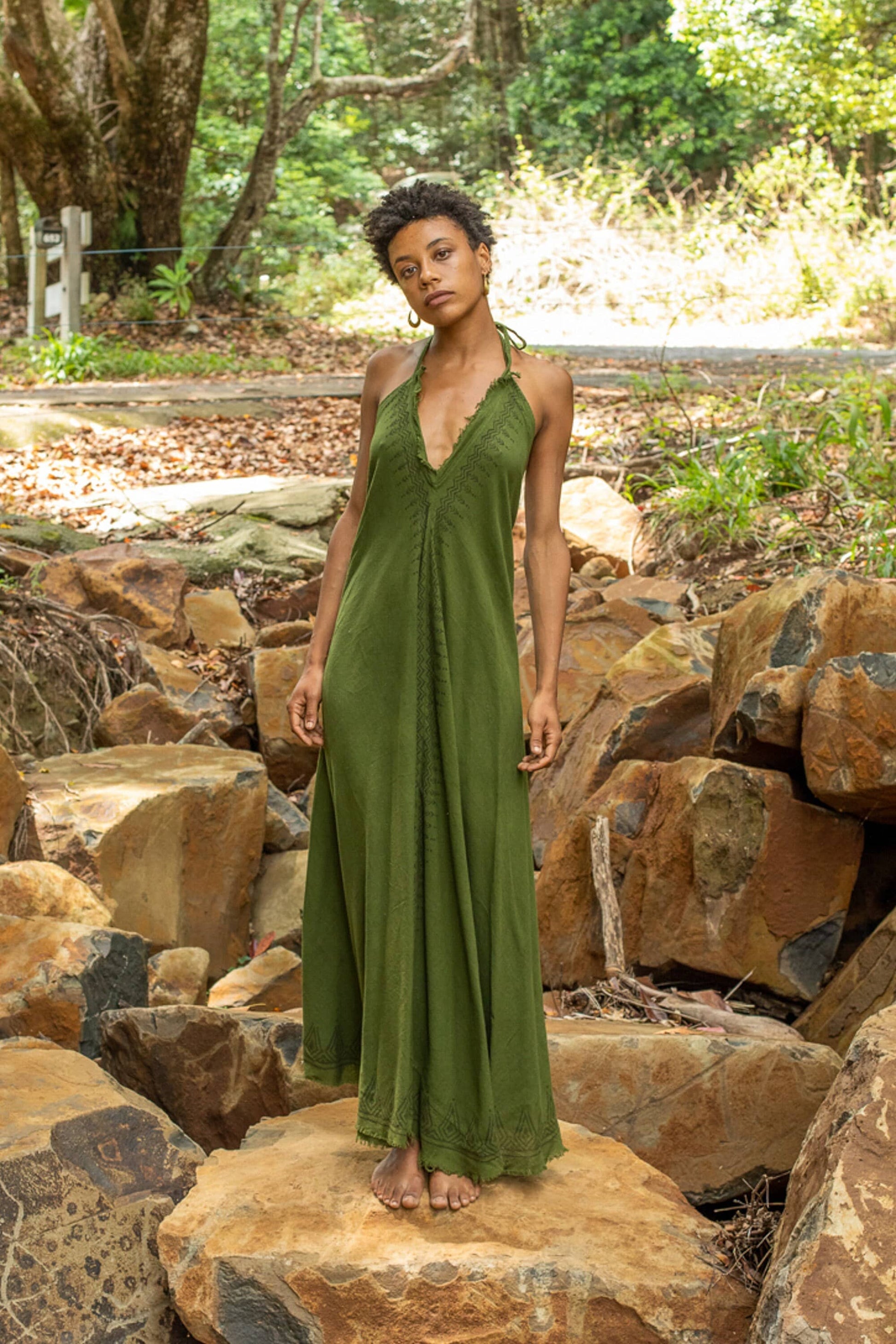 SELENA Long Dress Goddess Sage Green Maxi Open Back Cotton – AJJAYA